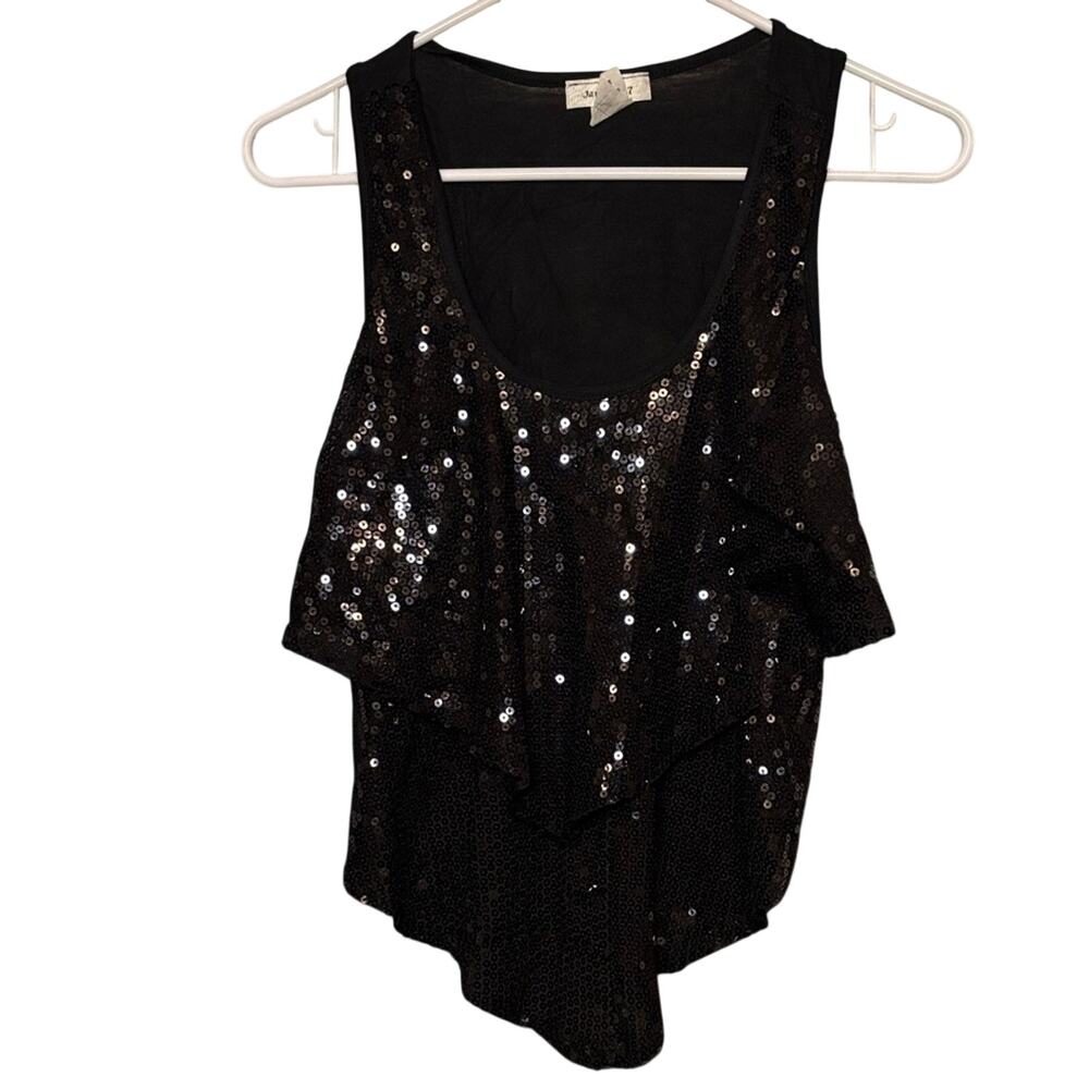 January 7 Black Sequin Tank Top Medium Cropped Layered Party Top